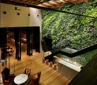 代々木VILLAGEを象徴する壁面緑化、吹き抜けの開放的なラウンジ。